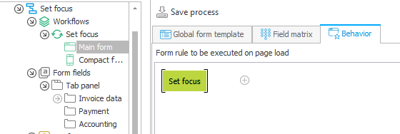 The image shows how to configure the set focus form rule